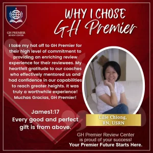 Lilie Chiong testimonial for GH Premier Review Center, praising mentorship and review experience for Filipino nurses