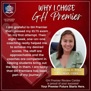 Mary Kristine Juntilla testimonial for GH Premier Review Center, passed IELTS exam through personalized coaching
