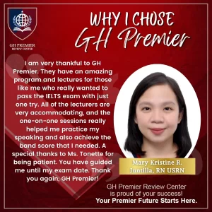 Mary Gentes Peña testimonial for GH Premier Review Center, successful IELTS review and one‑on‑one coaching