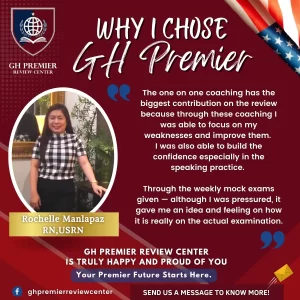 Rochelle Manlapaz testimonial for GH Premier Review Center, improved confidence and speaking skills through one‑on‑one coaching