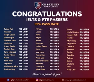 Congratulations banner from GH Premier Review Center celebrating IELTS and PTE passers with 99% success rate